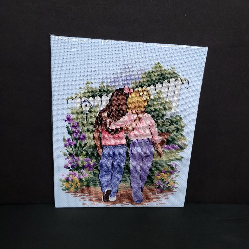 Handmade Completed cross stitch Sisters Friends Girls Garden Friendship Wall Art